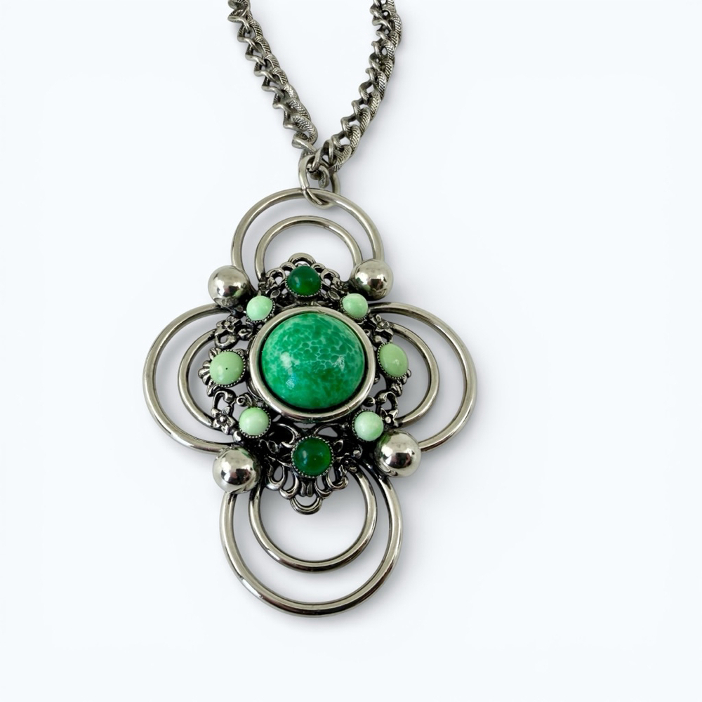 Vintage Made in Austria Peking Glass Statement Necklace, 1960s Green Art Glass